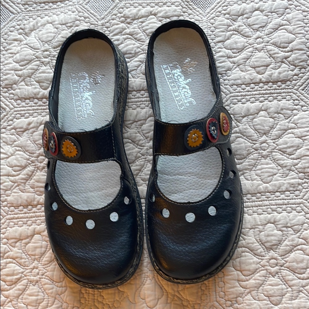 Rieker Black and Red Mules Comfortable Slip-On Design